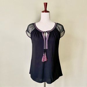 WHBM Top Black with Tassel Tie and Sheer Cap Sleeve Size S